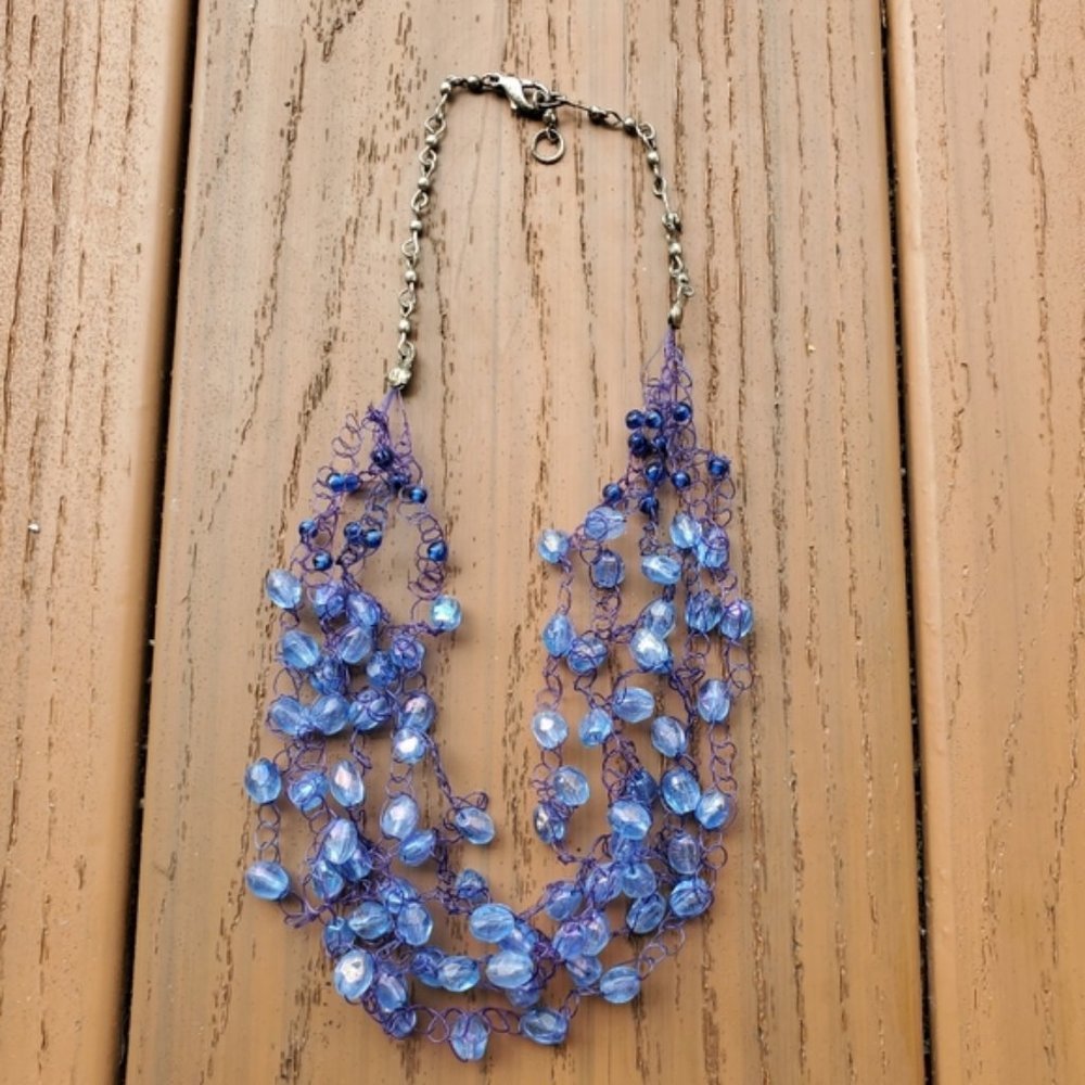 Blue Beads Cluster Bib Necklace Statement Preppy